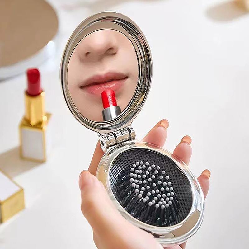 Silver Bow Tie Air Cushion Comb Cute Folding Massage Comb With Makeup Mirror Travel Portable Plastic Airbag Comb Hair Brush