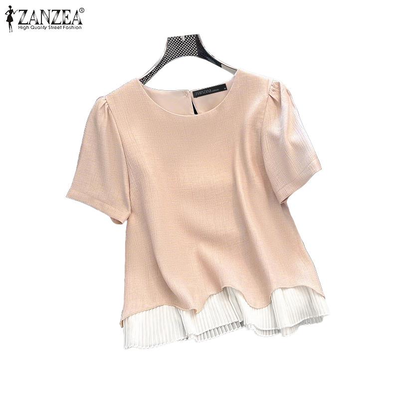 ZANZEA Women Summer Round Neck Casual Short Sleeve Blouse