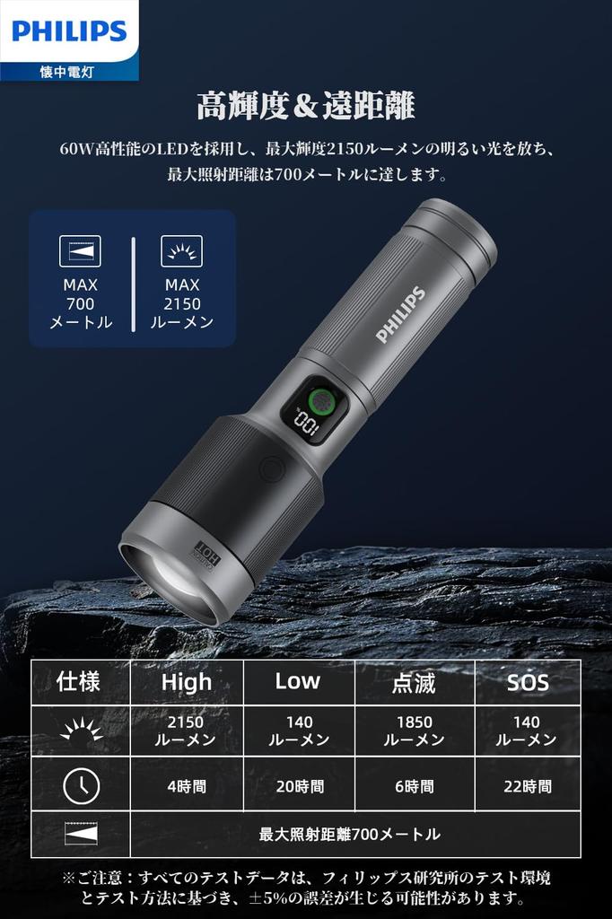 PHILIPS SFL5101 LED High 2150 700 Meter 5 Dimming Focus IP55 Aluminum Alloy Perfect for Outdoor Disaster and Power Outages Flashlight, Large,