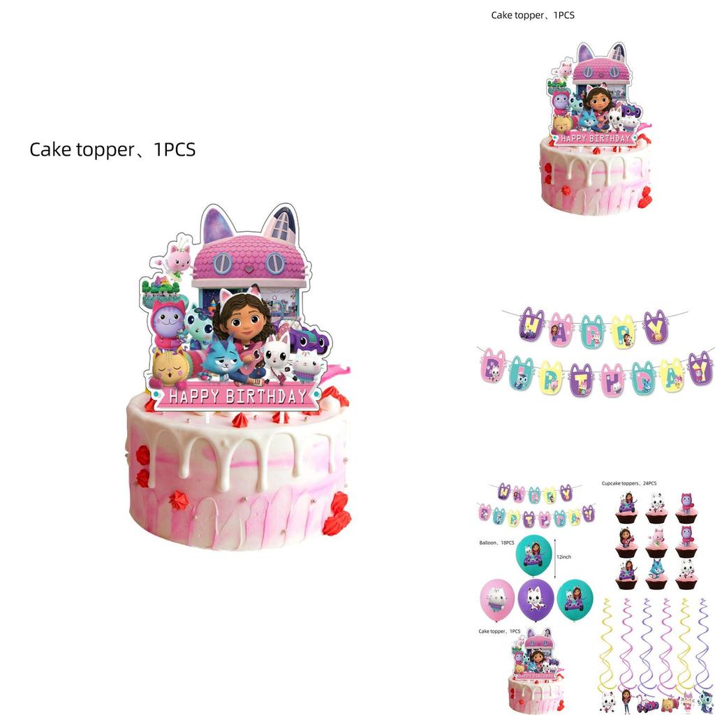 Komplettes Gabby's Dollhouse Kinderparty Deko-Set mit wiederverwendbaren Bannern, Ballons und Kuchenfiguren