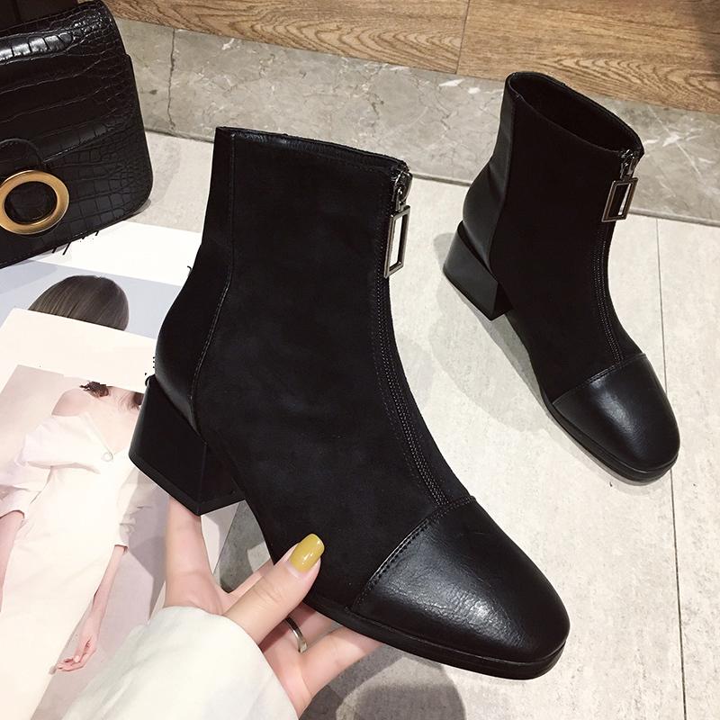 Women's Fashion Mid Boots Fashionable Boots with Front Zipper Thick Heel Suede Midsole Boots Leather Shoes Women's Shoes 35-40