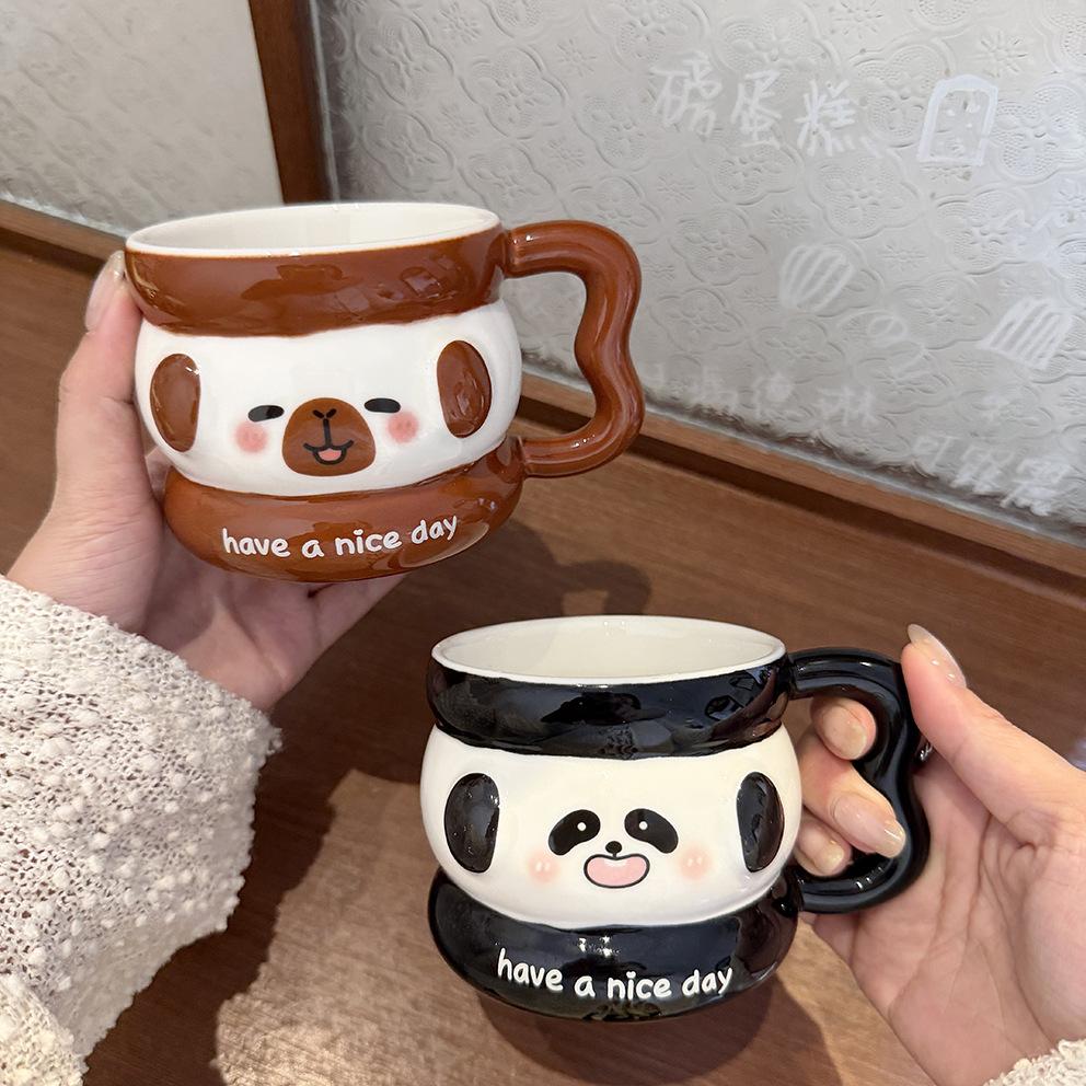 Cute Puppy Mug With Lid Spoon Wind Ceramic Cup Couple Water Cup Girls Household Breakfast Cup Children