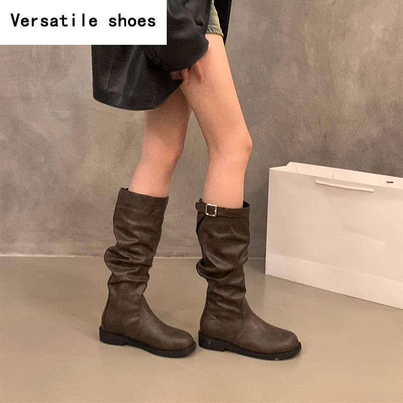 Winter Women Western Cowgirl Boots Fashion Slip On Long Booties Designer Square Low Heels Botas De Mujer
