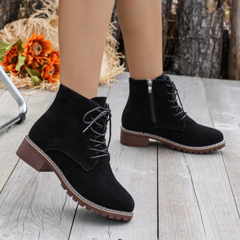 Elegant minimalist women's boots autumn winter new round toe lace up women's shoes fashionable versatile warm women's boots