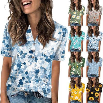 Ladies Summer Tops Women's Fashion Casual With Floral Prints V-neck Short Sleeve Button T-shirt Top