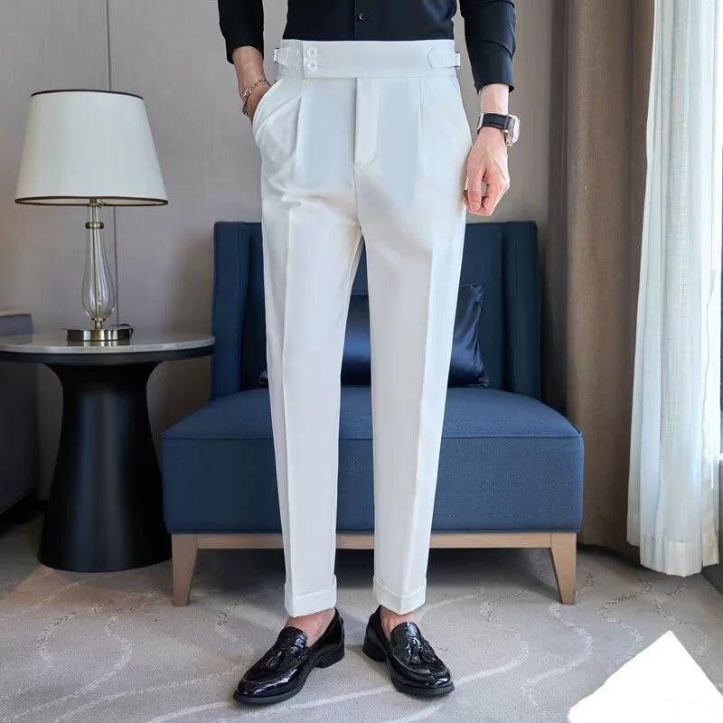 Men's Korean Slim Fit Tapered Trousers Autumn Vintage High Waist Business Solid Color Straight Leg Casual Pants