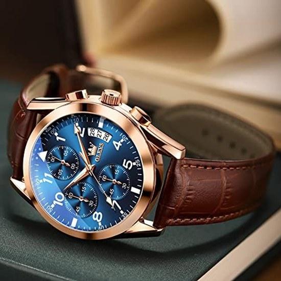 OLEVS Mens Watch Business Leather Quartz Date Luminous Waterproof Men Fashion Analog Wristwatch Stylish Blue Dial Cool Casual Arabic Numbers Easy Read