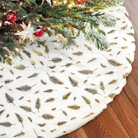 35 Inch Christmas Tree Skirt Gold Sequin Feather Snowflake Pattern White Faux Fur Tree Skirt Fluffy Plush Tree Base Mat for Holiday Home Decor