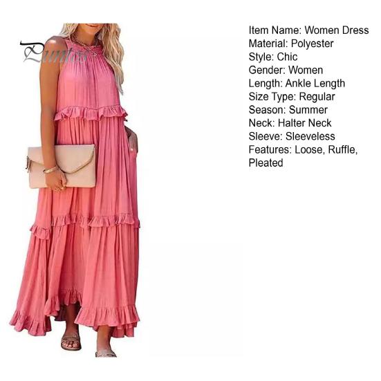 Dámské letní šaty s volánky, halterový výstřih, bez rukávů, volné, jednobarevné, plisované, s odhalenými rameny, patchworkové, dovolenkové, plážové, maxi šaty