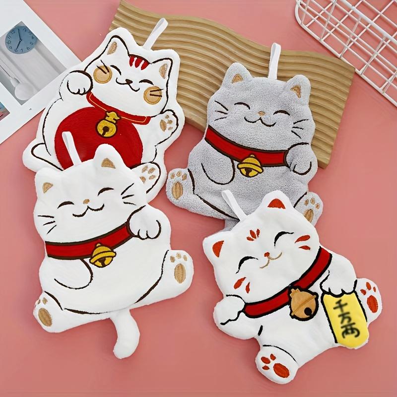 4pcs cute Maneki Neko hanging towels, double-layer thick with cat embroidery for kitchen, bath & living room.
