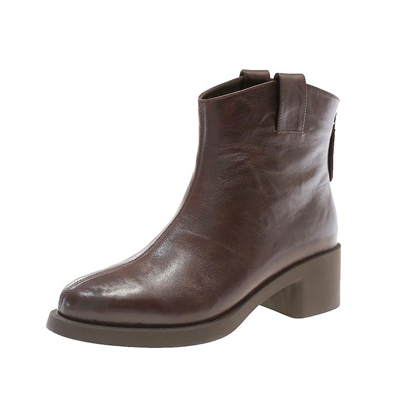 Leather cowhide western cowboy boots women's short boots thick heel new velvet Martin boots