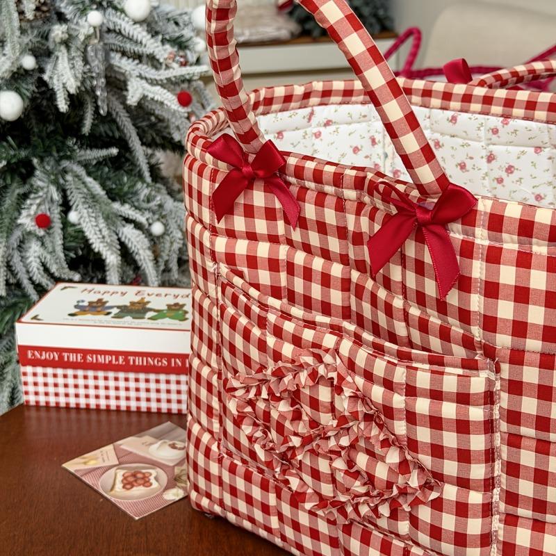 Vermilion Plaid Storage Basket with Stone Handles, Ins Style Portable Organizer for Bathroom Laundry & Sundries