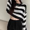 KOSY Striped Cropped Sweater Korean Style  Women Vintage Oversize Knit Jumper Female Autumn Long Sleeve O-neck Pullovers Tops
