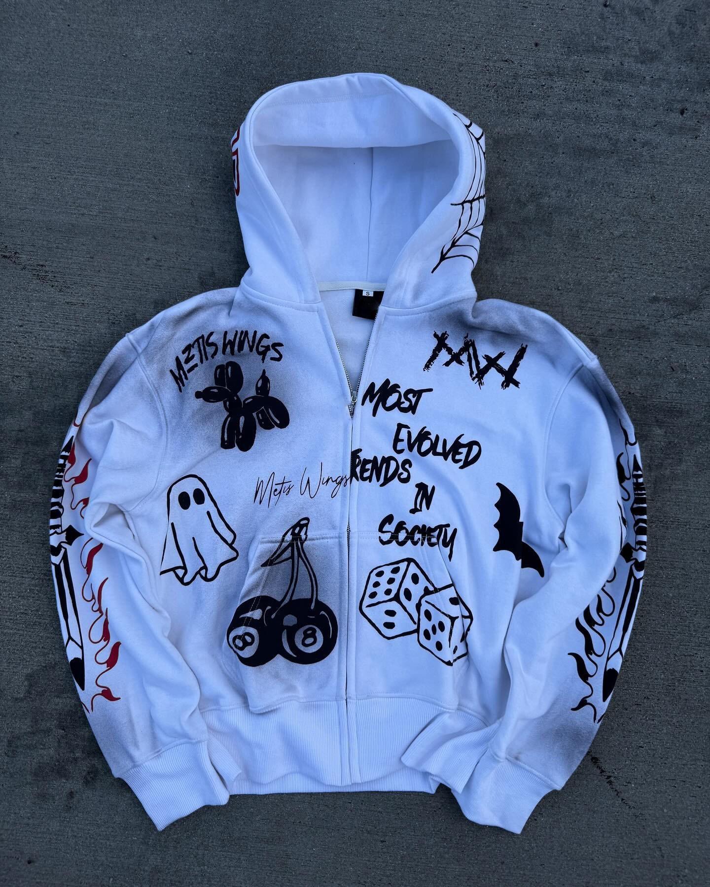 European and American street retro funny ghost print loose zipper long sleeve hoodie sweater XS белый