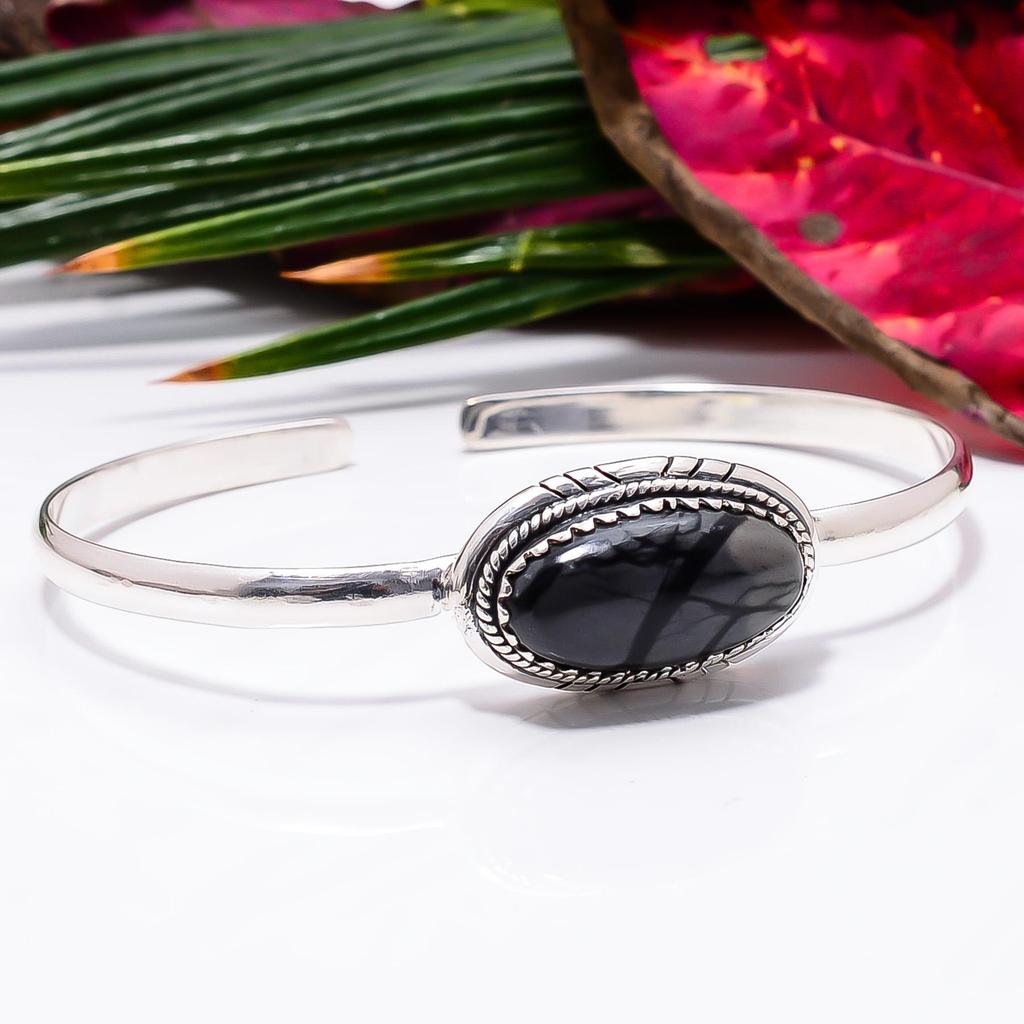 Handmade 925 Sterling Silver Picasso Jasper Gemstone Bangle Cuff-Adjustable Birthstone Bracelet Beautiful Gift For Her