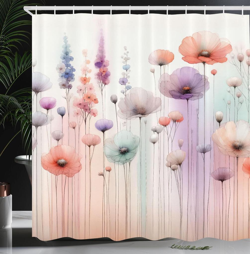 Aesthetic Boho Shower Curtain, Bold Exotic Leaves In Warm Tones, Rustic Burnt Orange Teal Blue, Fabric Set With Hooks