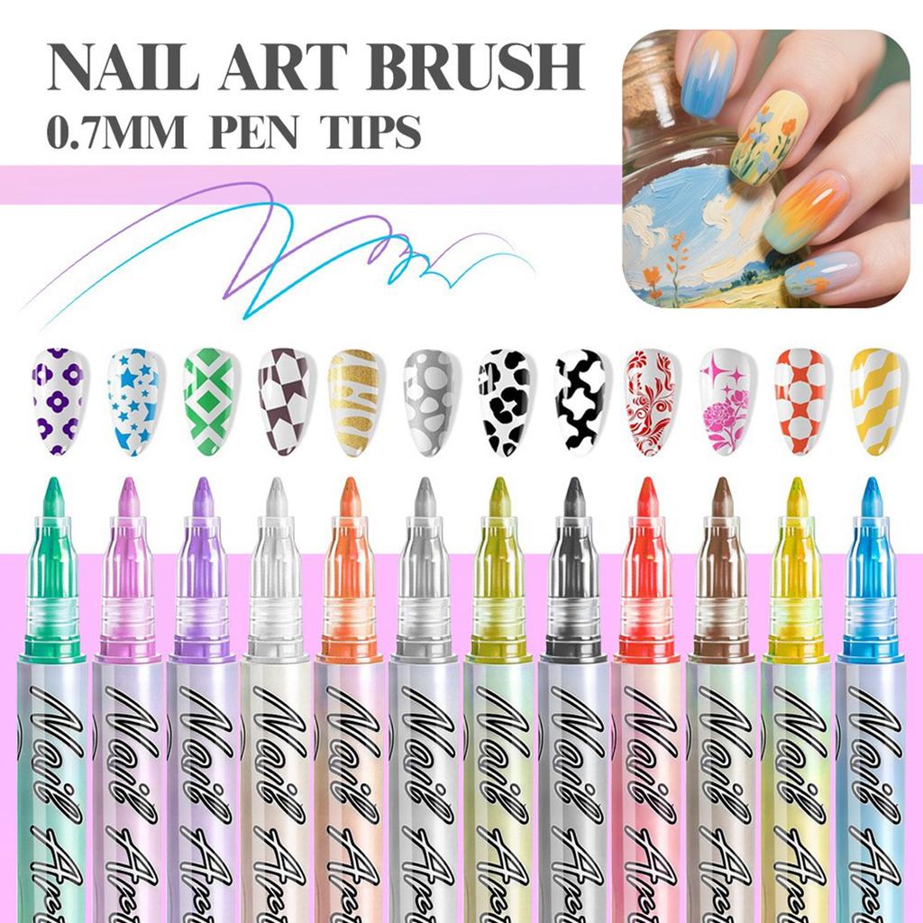Nail Art Marker Set 12 Pieces Water-Based Quick-Dry Nail Polish Pens Fine Tip Nail Drawing Tools for Detailed Nail Designs and Decorations