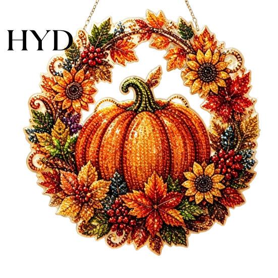 Party Decoration Accessory Fall Pumpkin Sunflower Wreath Hanging Decor, Acrylic Hand Painted High-Quality Material Window Ornament,