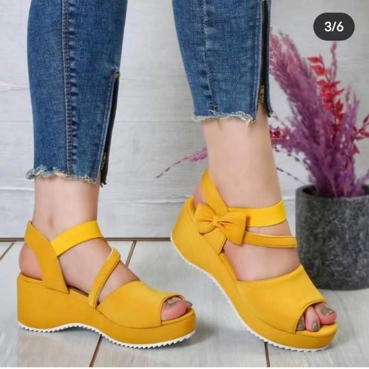 Fashion Bow Decoration Platform Open-heeled Sandals Female 2025 Summer New Solid Color One-word Buckle with High-heeled Sandals.