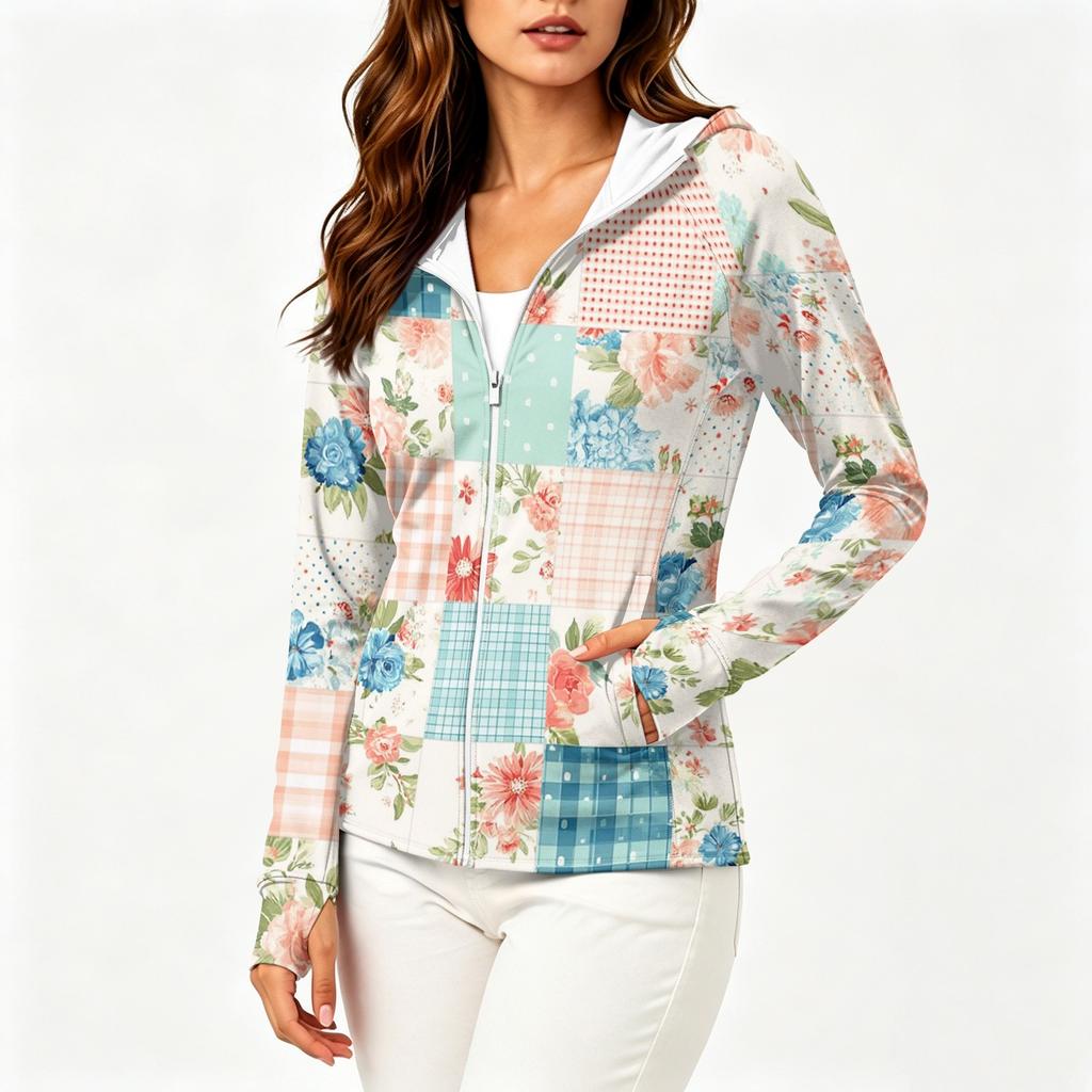 Women's Zip Up Hoodie Lightweight Long Sleeve Hooded Jacket with Pockets Floral Print Sun Protection Outerwear
