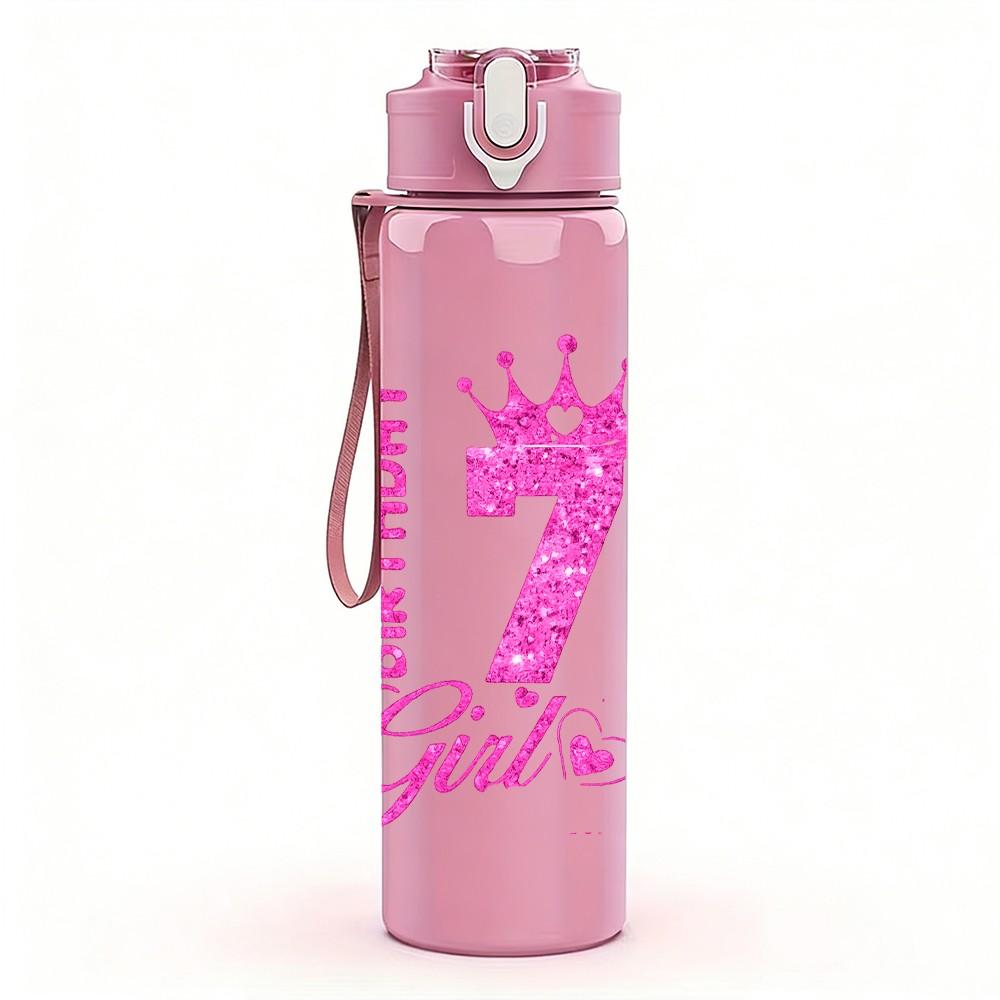 1PC 7 Birthday Girl Pink Crown Print 750ml Color Plastic Sports Water Bottle Leakproof Flip Straw Lid Suitable for Sports Office Home Use