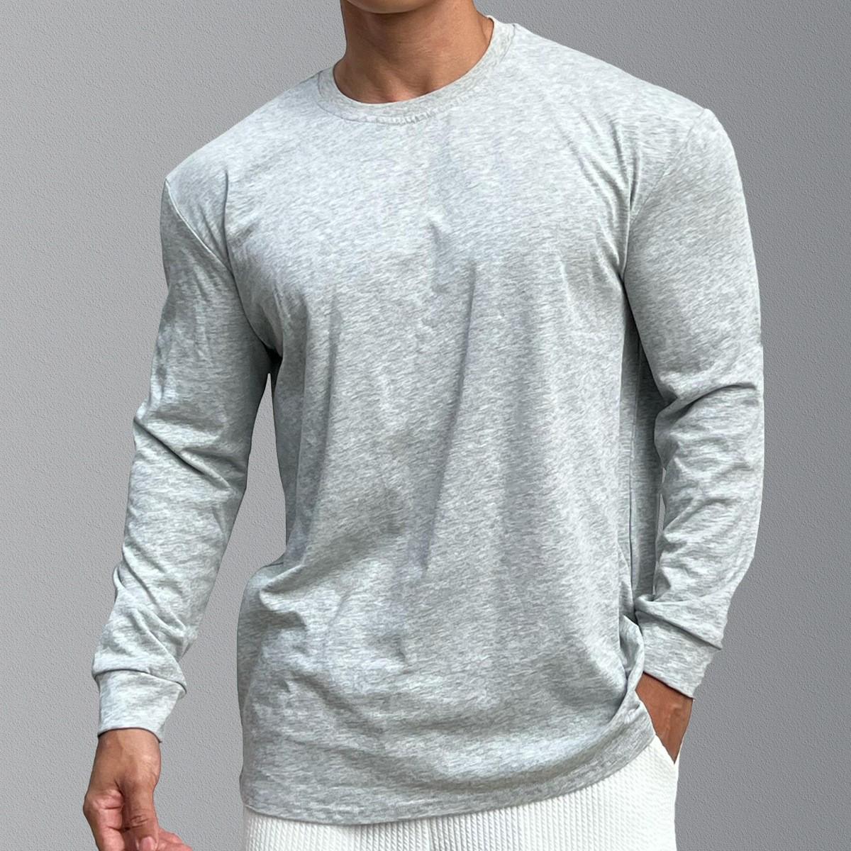 

Мужской модный хлопковый тренировочный топ с длинным рукавом и наплечниками для бега и баскетбола - осенне-зимний базовый слой с круглым вырезом Medium светло-серый