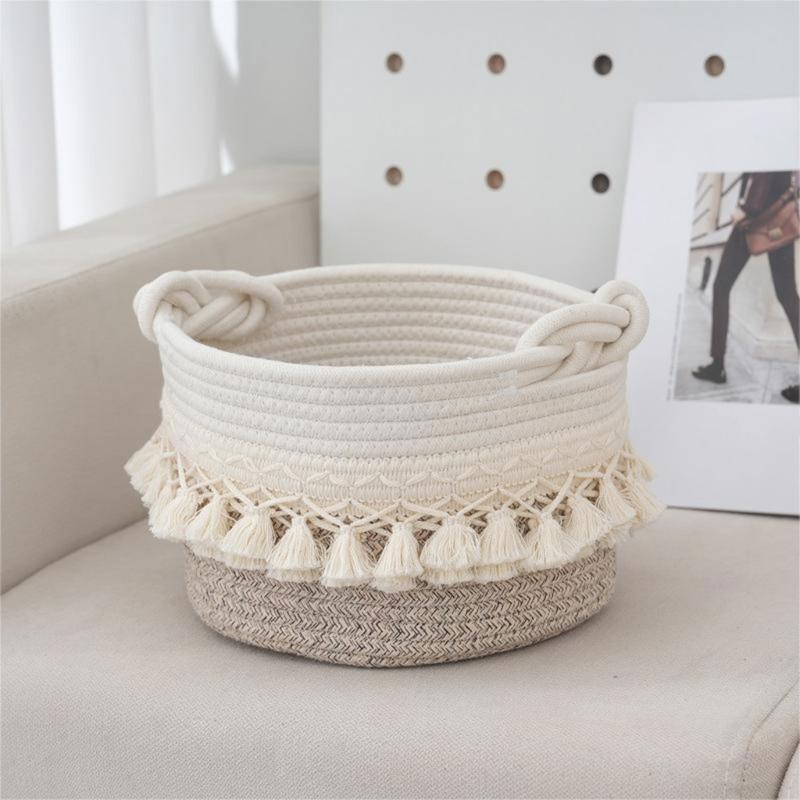 Stylish Cotton Rope Woven Storage Basket Contemporary Tassels Cotton Rope Basket Practical and Soft Storage Container