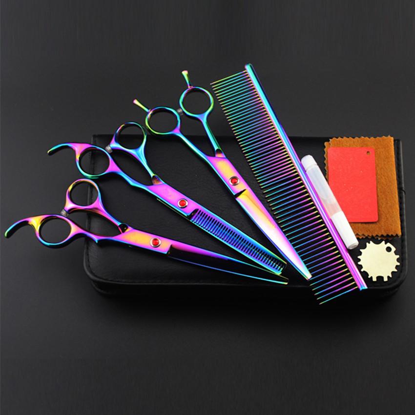 4 Kit 5 Color Professional 7 '' Pet Grooming Hair Cutting Scissors Dog Thinning Barber Haircutting Shears Hairdressing Scissors