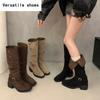 Vintage Leopard Print Women Western Cowgirl Boots Fashion Slip On Long Booties Ladies Elegant Thick Heels Botas Mujer
