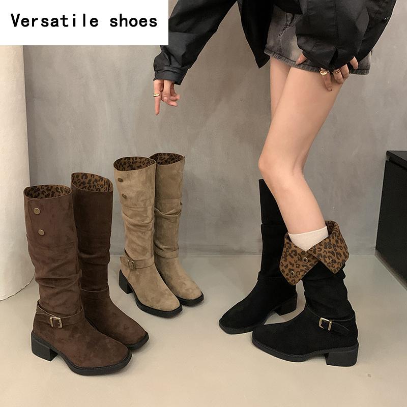 Vintage Leopard Print Women Western Cowgirl Boots Fashion Slip On Long Booties Ladies Elegant Thick Heels Botas Mujer
