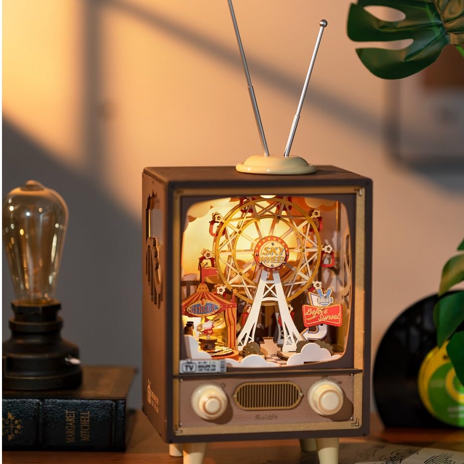 Tsukurundesu® 3D Wooden Puzzle Amusement Park Series (Sunset Park) with Japanese Instructions, Music Box, Retro TV