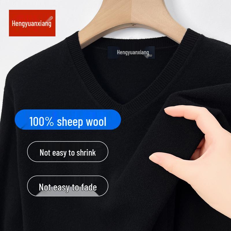 Hengyuanxiang Men's 100% Pure Wool Pullover, Round Neck, Thickened Winter Sweater for Middle-Aged Dads.