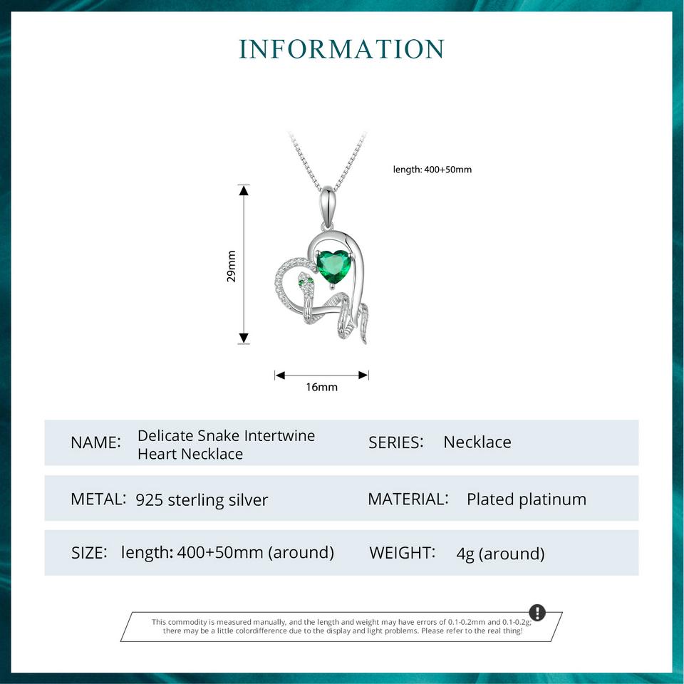 BAMOER 925 Sterling Silver Delicate Green Zircon Heart Pendant Necklace Snake Intertwine Love Neck Chain for Women Fine Jewelry