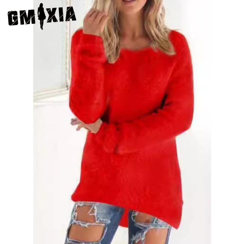 GMXIA Women's Fashion Casual Solid Color Print Autumn Winter Long Sleeve O-Neck Loose Sweaters