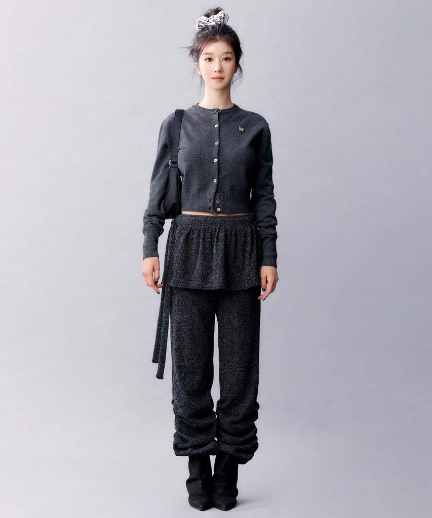 Nigaennikol Shirring Layered Skirt Pants_Charcoal