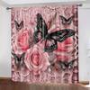 2 Pieces of Pink Floral Butterfly Printed Curtains, Pole Bag Bedroom and Living Room, Home Decoration, Room Decoration