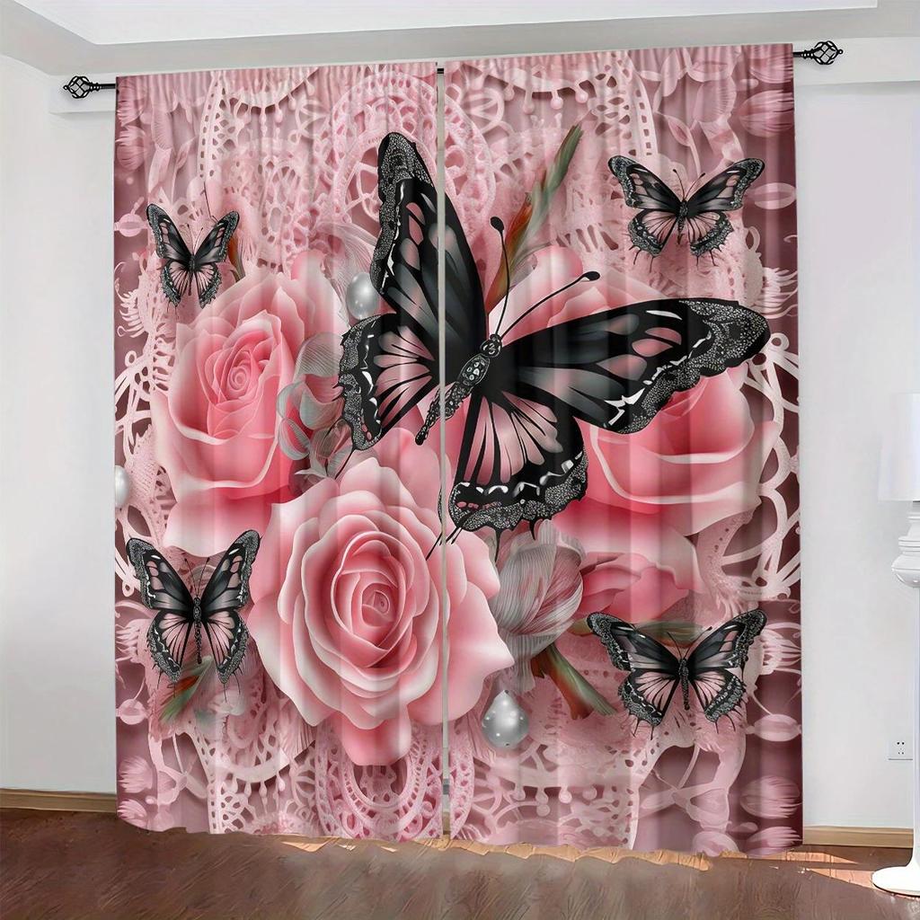 2 Pieces of Pink Floral Butterfly Printed Curtains, Pole Bag Bedroom and Living Room, Home Decoration, Room Decoration