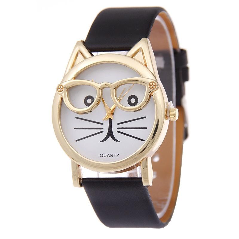 Cat Glasses Face Womens Watch Cartoon Solid Color No Word Gold Frame Daily Wear