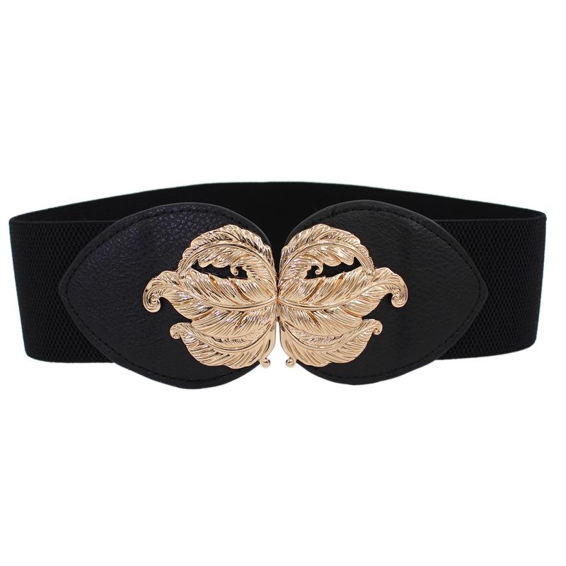 Elastic Belt Women'S Dress Down Jacket Coat Decorative Gold Leaf Pair Buckle Elastic Wide Waist Seal