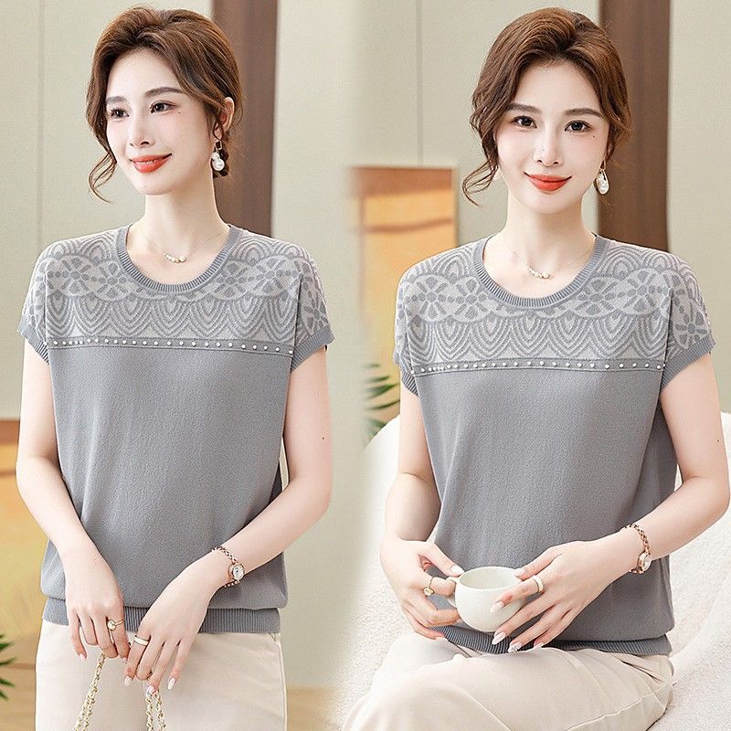 Summer Women's Ice Silk Short Sleeve T-shirt Jacquard Round Neck Loose Casual Mom Outfit Thin Top