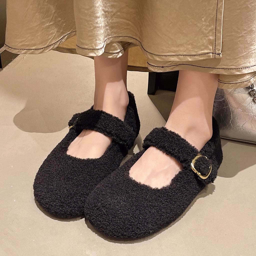 Fairy wind fluffy shoes female winter French evening breeze temperament women velvet Mary Jane shoes flat cotton shoes
