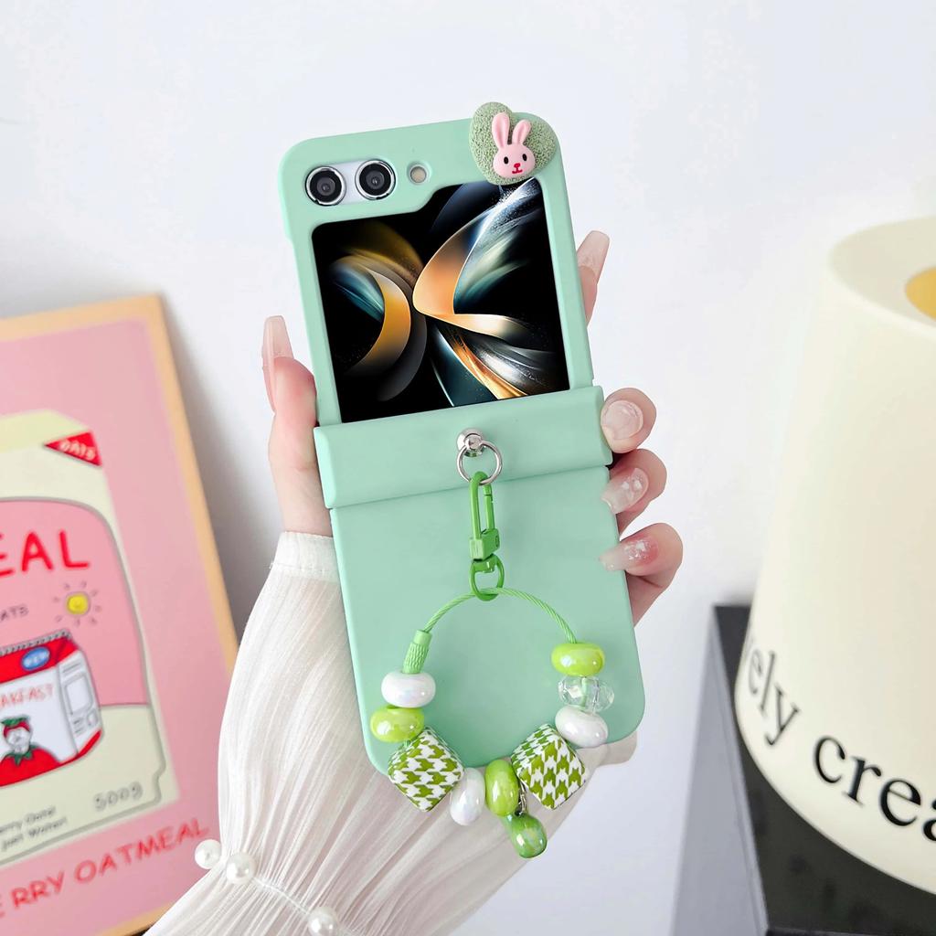 Cute Rabbit Bling Glitter Bead Wrist Strap Phone Case for Samsung Galaxy Z Flip 7 6 5 4 3 5G Hinge Protection Shockproof Cover
