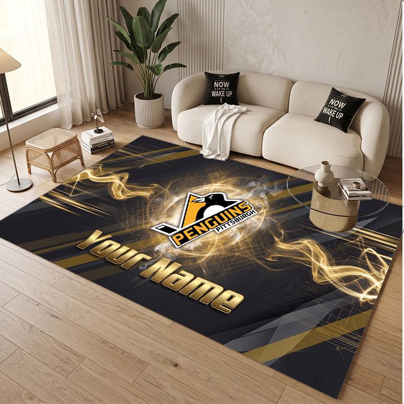 Custom Rug Pittsburgh Penguins Pattern Print Name Text Soft Non‑Slip Floor Carpet for Home Indoor Decoration