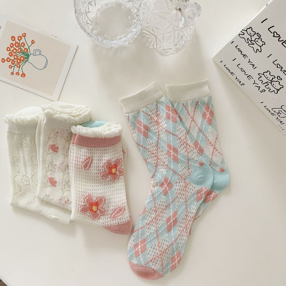 6Pairs Mesh Hollow Transparent Flower Socks Ruffle Sweet Socks Women Ins Style Mid Tube Socks  Lady