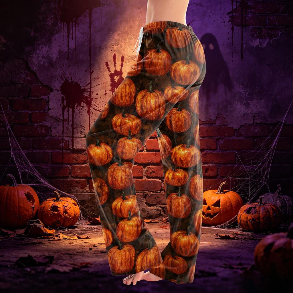 Women Drawstring Waist Halloween Print Long Pants Relaxed Fit Casual Trousers for Seasonal Festive Wear