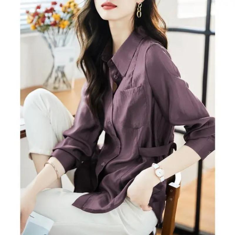 Womens Solid Color Waist Tie Long Sleeve Button-Up Shirt S фиолетовый