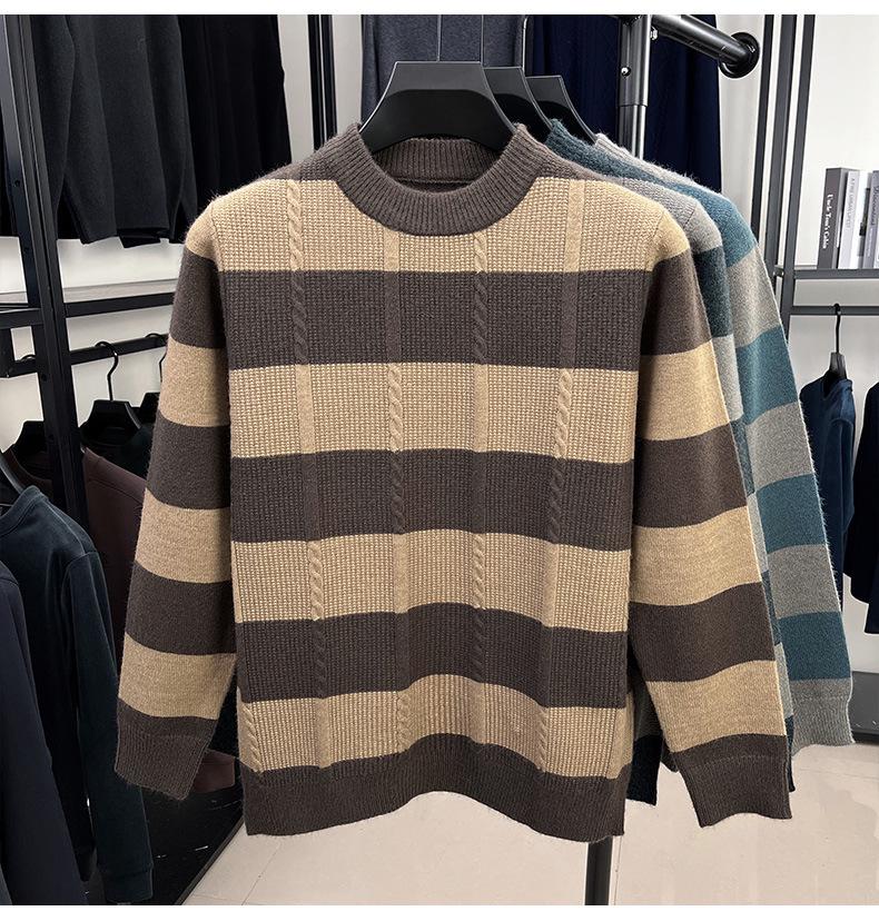 Men's Winter Striped Jacquard Crew Neck Long Sleeve Casual Knit Sweater