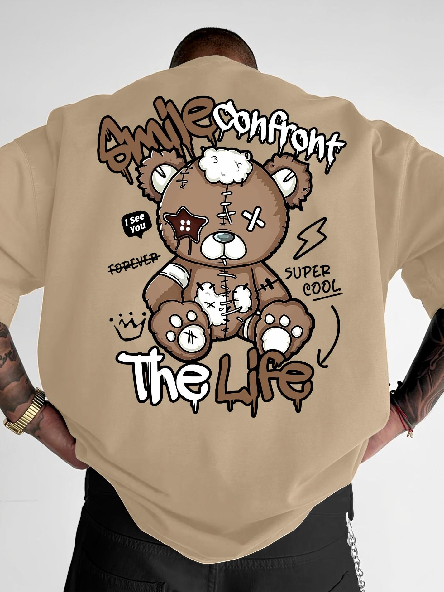 Summer new men s fashion style teddy bear letter print comfortable and breathable round neck T-shirt outdoor high street top S