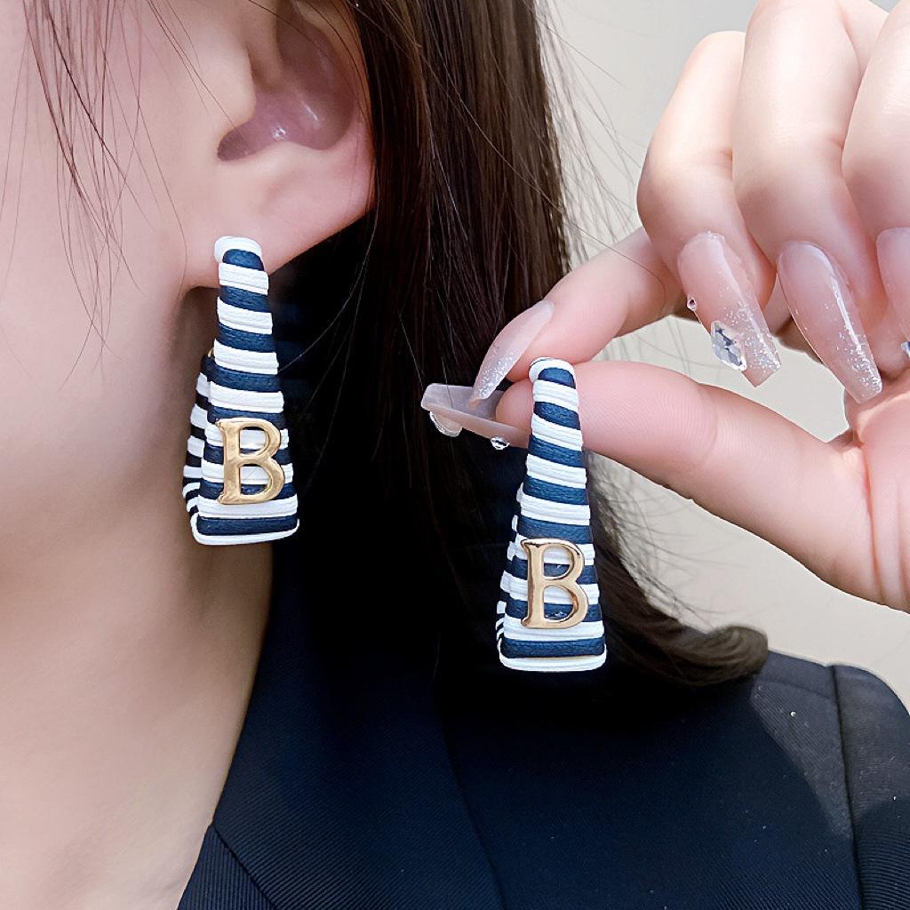 Square black and white striped ladies earrings