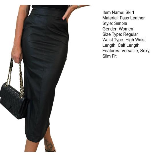 Women Sexy Long Bodycon Skirt Faux Leather High Waist Pencil Skirt Tight Fit Skirt with Back Slit for Club Dates Parties Office Daily Wear